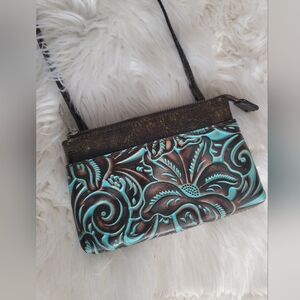 Patricia Nash Teal and Brown Tooled Leather Bacoli Crossbody